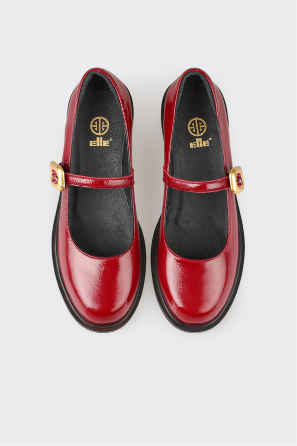 Kırmızı deri ve rugan metal tokalı kadın düz ayakkabı, günlük kullanım için - Elle Shoes