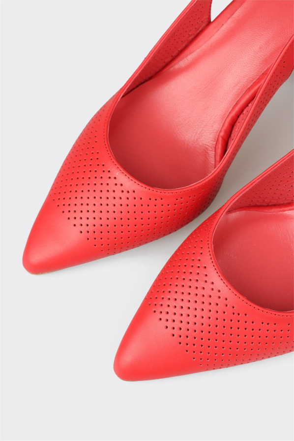 Kırmızı deri düz kalın topuklu kadın ayakkabı, ofis stili için - Elle Shoes