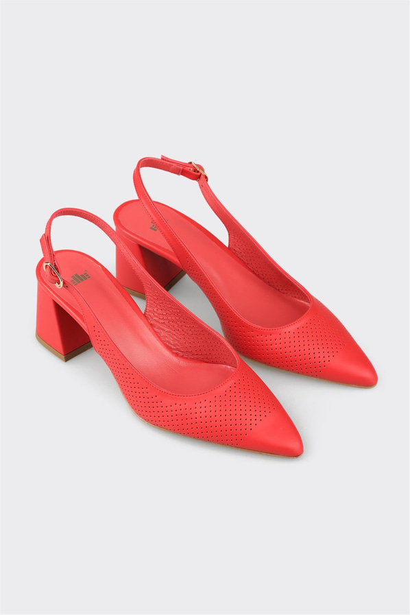 Kırmızı deri düz kalın topuklu kadın ayakkabı, ofis stili için - Elle Shoes