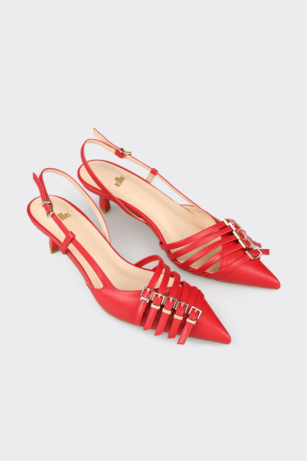 Kırmızı gri örgü dokulu topuklu kadın ayakkabı, ofis stili için - Elle Shoes