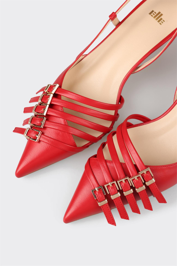 Kırmızı gri örgü dokulu topuklu kadın ayakkabı, ofis stili için - Elle Shoes