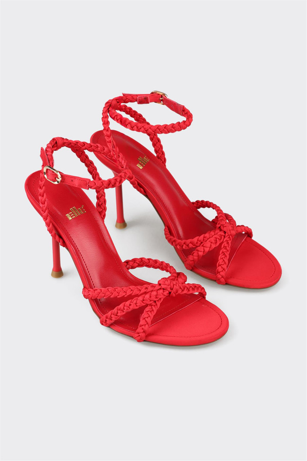 Kırmızı örgü dokulu topuklu kadın sandalet - Elle Shoes
