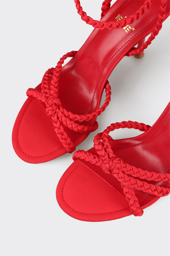 Kırmızı örgü dokulu topuklu kadın sandalet - Elle Shoes