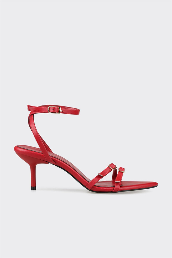 Kırmızı ince topuklu bantlı kadın sandalet, rahat kullanım için - Elle Shoes