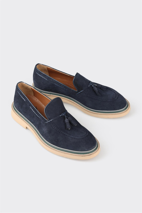 Lacivert deri erkek loafer, günlük kullanım için - Elle Shoes