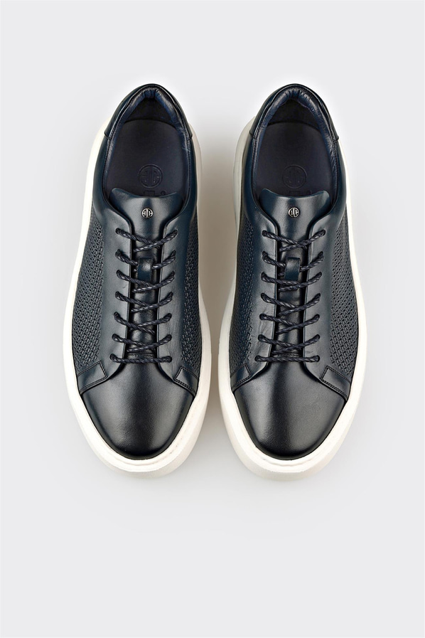 Lacivert deri ve hasır örgü dokulu erkek günlük ayakkabı, günlük kullanım için - Elle Shoes