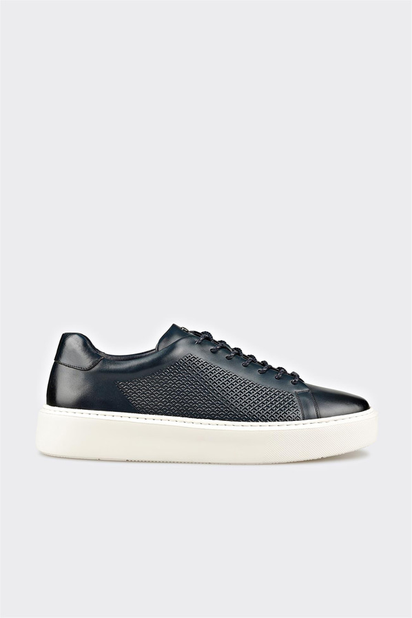 Lacivert deri ve hasır örgü dokulu erkek günlük ayakkabı, günlük kullanım için - Elle Shoes