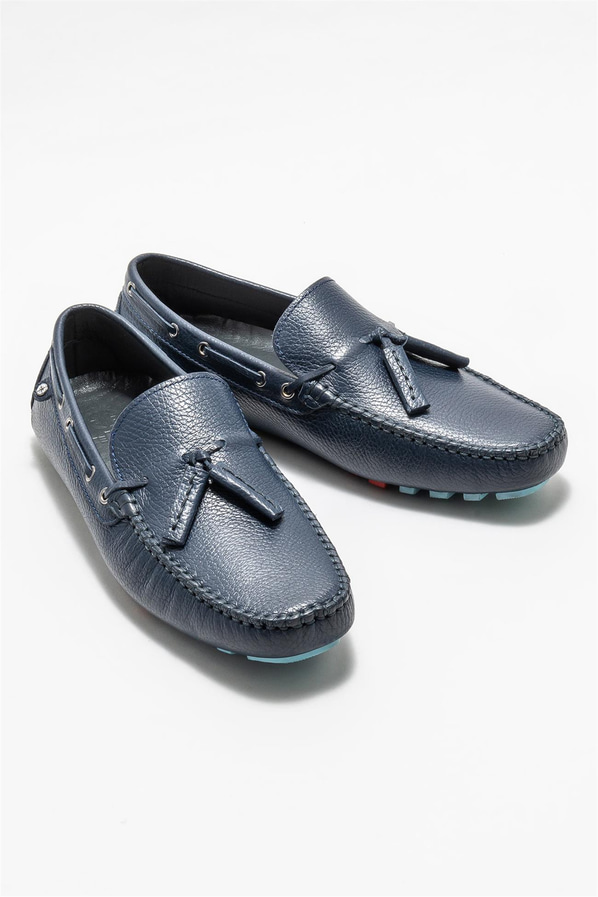 Lacivert deri erkek loafer, günlük kullanım için - Elle Shoes