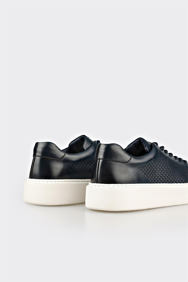 Lacivert deri ve hasır örgü dokulu erkek günlük ayakkabı, günlük kullanım için - Elle Shoes