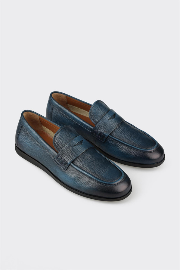 Lacivert deri erkek loafer, günlük kullanım için - Elle Shoes
