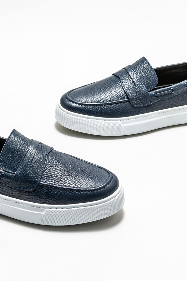 Lacivert deri erkek loafer, günlük kullanım için - Elle Shoes