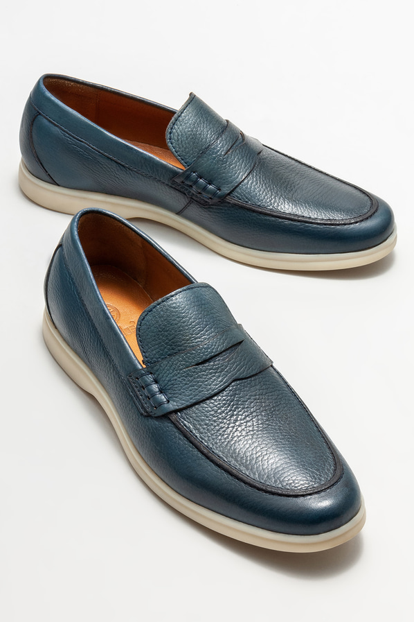 Lacivert deri erkek loafer, günlük kullanım için - Elle Shoes