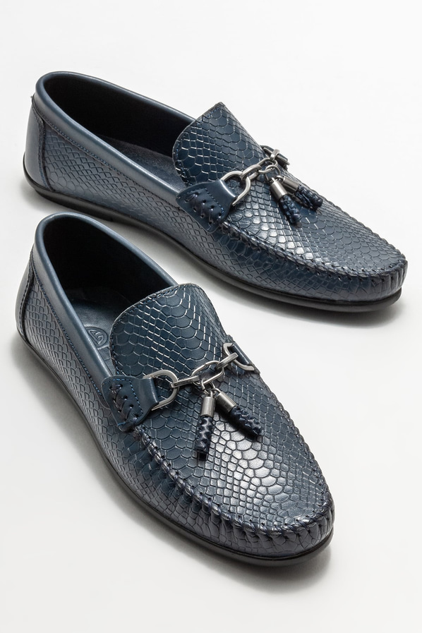 Lacivert deri erkek loafer, günlük kullanım için - Elle Shoes