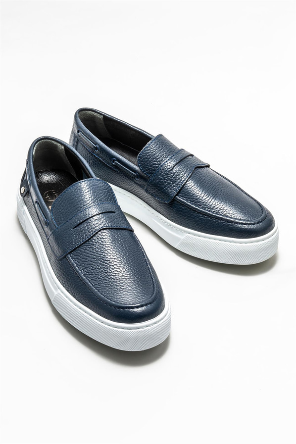 Lacivert deri erkek loafer, günlük kullanım için - Elle Shoes