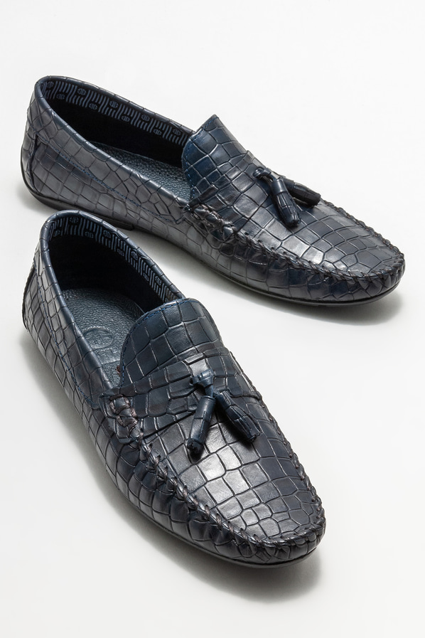 Lacivert deri erkek loafer, günlük kullanım için - Elle Shoes