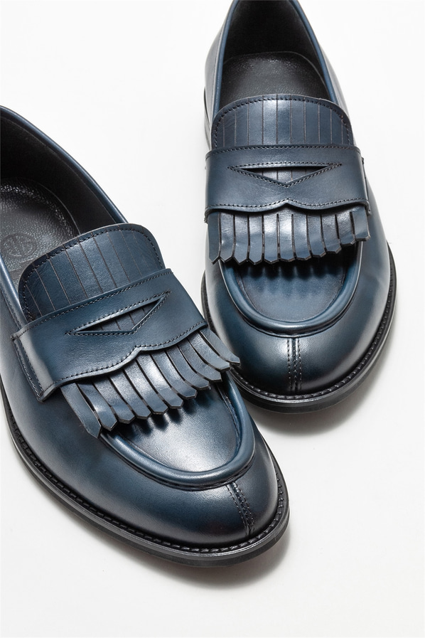Lacivert deri erkek loafer, klasik stil için - Elle Shoes