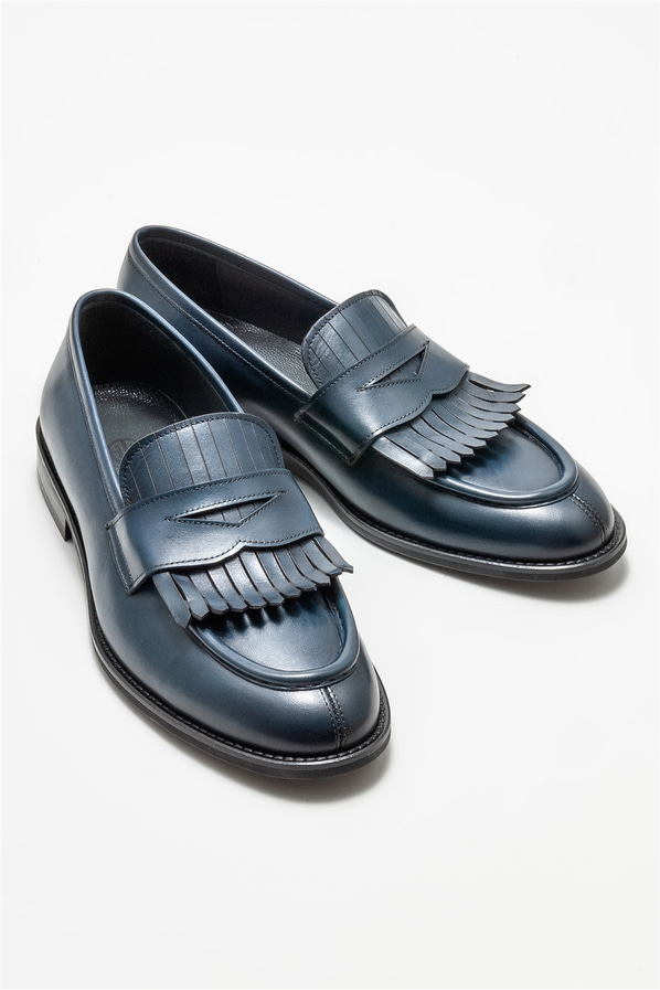 Lacivert deri erkek loafer, klasik stil için - Elle Shoes