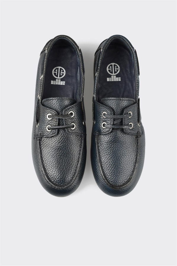 Lacivert deri simli yumuşak dokulu kadın loafer, ofis stili için - Elle Shoes