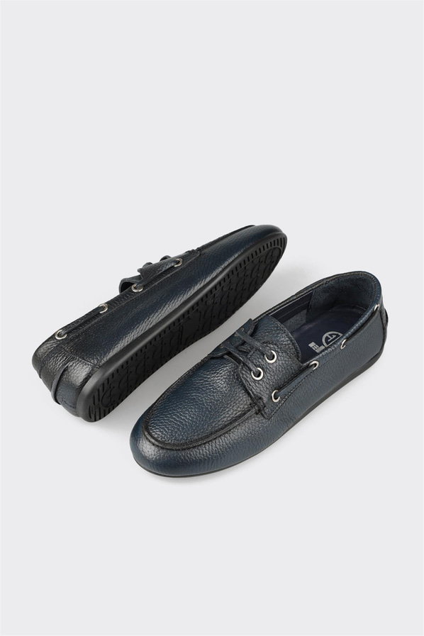 Lacivert deri simli yumuşak dokulu kadın loafer, ofis stili için - Elle Shoes