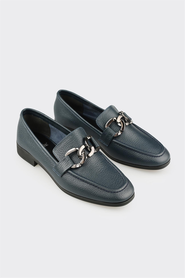 Lacivert deri yumuşak dokulu kadın loafer, ofis stili için - Elle Shoes