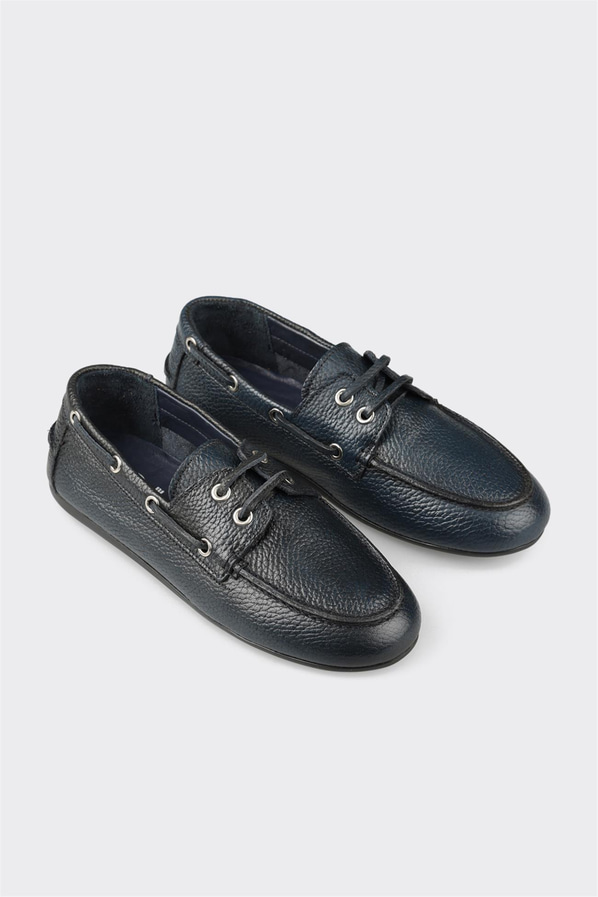 Lacivert deri simli yumuşak dokulu kadın loafer, ofis stili için - Elle Shoes