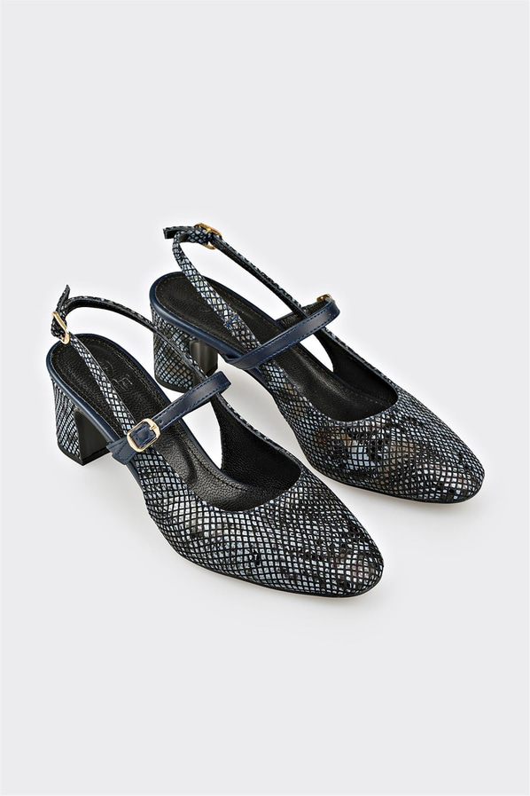 Lacivert deri kalın topuklu kadın ayakkabı, rahat kullanım için - Elle Shoes