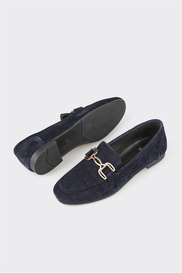 Lacivert deri ve süet metalik kadın loafer, klasik stil için - Elle Shoes