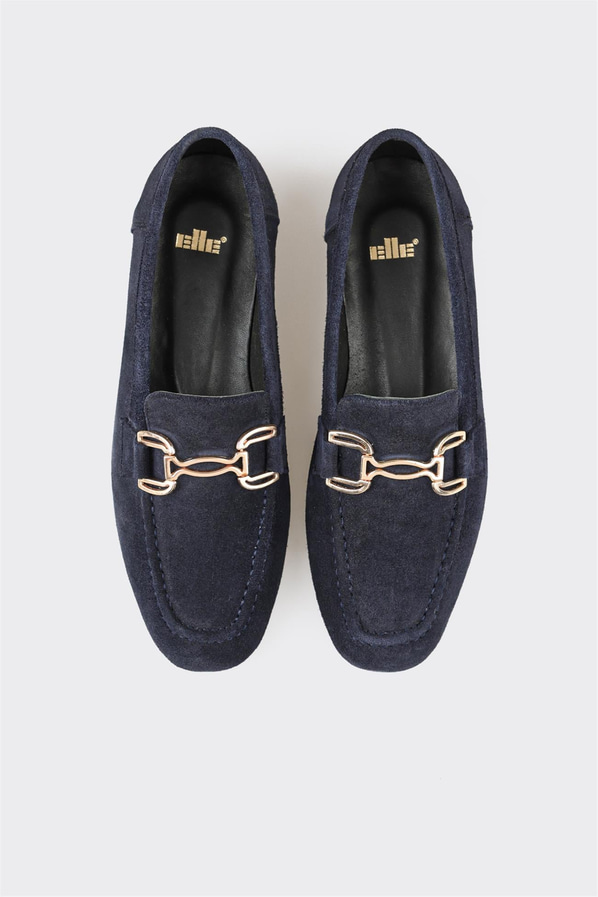 Lacivert deri ve süet metalik kadın loafer, klasik stil için - Elle Shoes