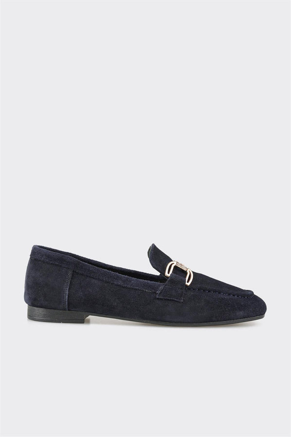 Lacivert deri ve süet metalik kadın loafer, klasik stil için - Elle Shoes