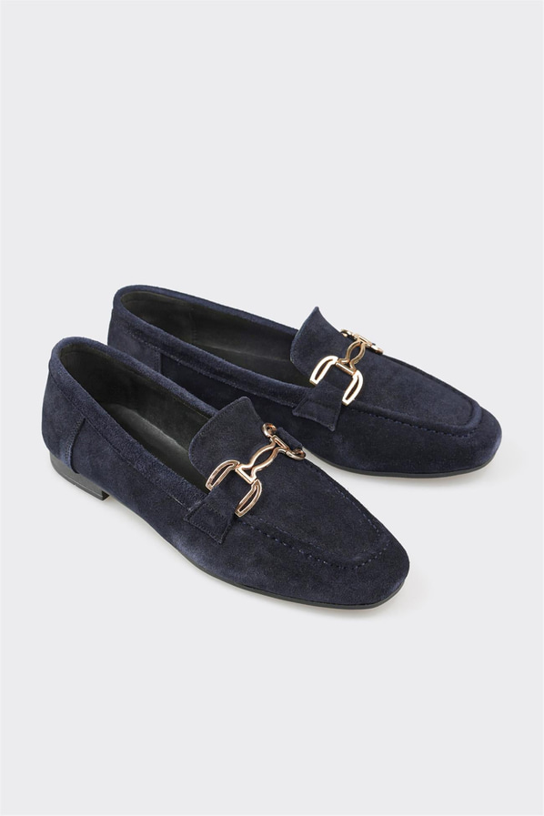 Lacivert deri ve süet metalik kadın loafer, klasik stil için - Elle Shoes
