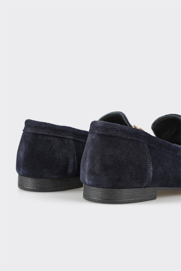 Lacivert deri ve süet metalik kadın loafer, klasik stil için - Elle Shoes