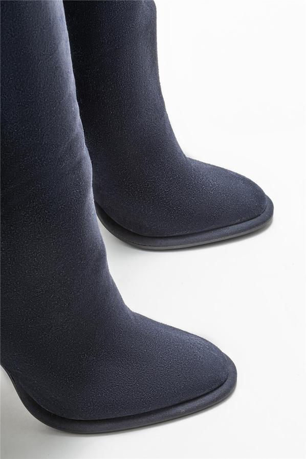 Lacivert deri topuklu kadın çizme - Elle Shoes