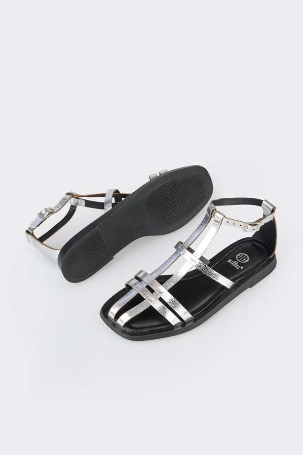 Lame deri düz kadın sandalet - Elle Shoes