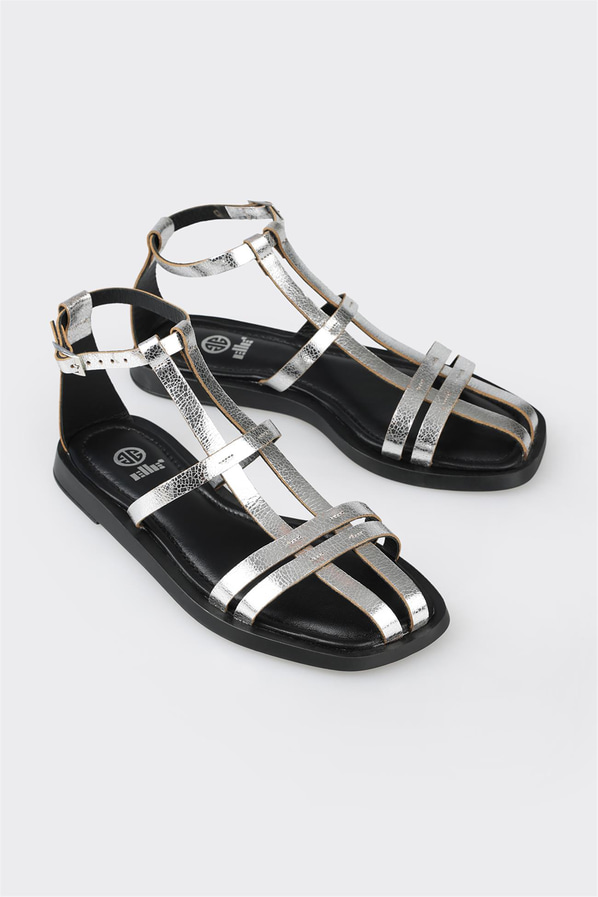 Lame deri düz kadın sandalet - Elle Shoes