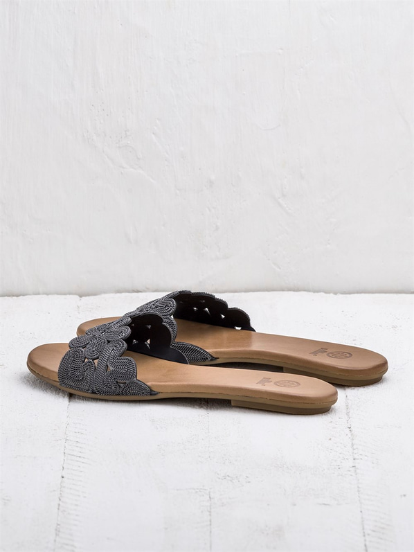 Siyah deri kadın düz terlik - Elle Shoes