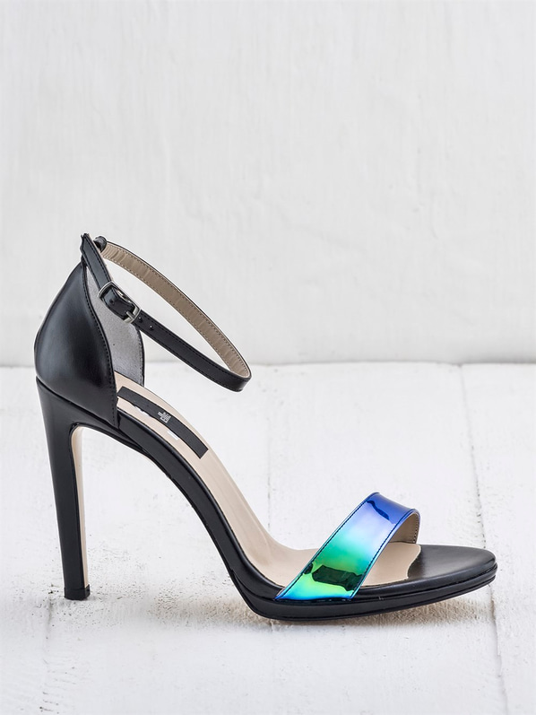 Siyah yeşil ince topuklu kadın sandalet - Elle Shoes