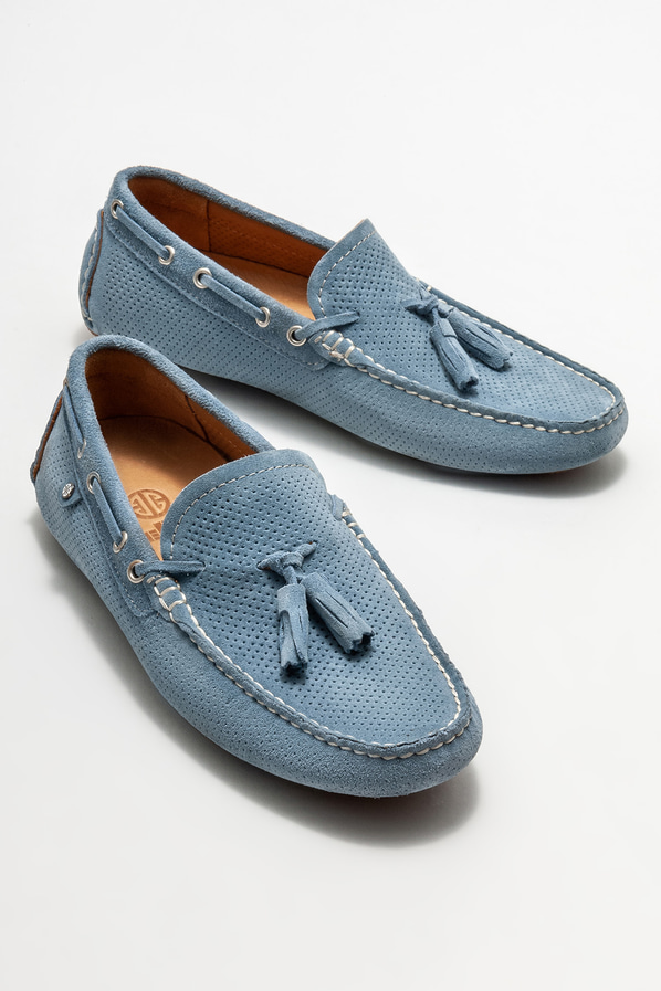 Mavi deri erkek loafer, günlük kullanım için - Elle Shoes