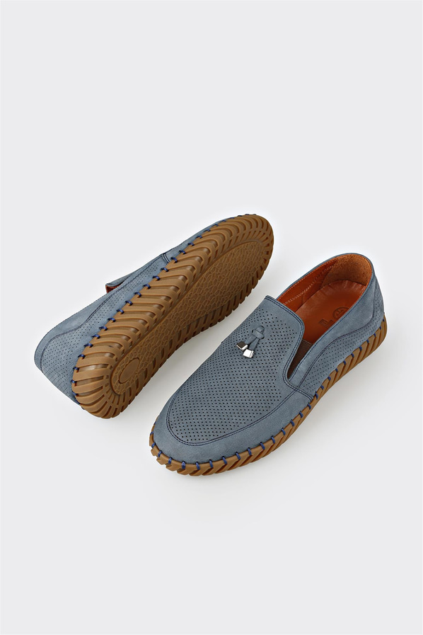 Mavi deri erkek loafer, günlük kullanım için - Elle Shoes