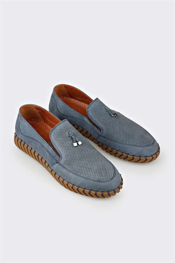 Mavi deri erkek loafer, günlük kullanım için - Elle Shoes