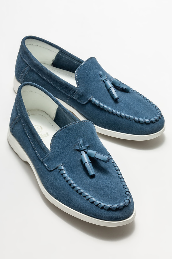 Mavi deri erkek loafer, günlük kullanım için - Elle Shoes