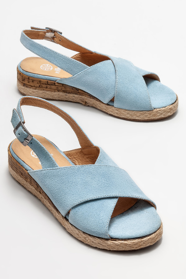 Mavi deri dolgu topuklu kadın sandalet - Elle Shoes