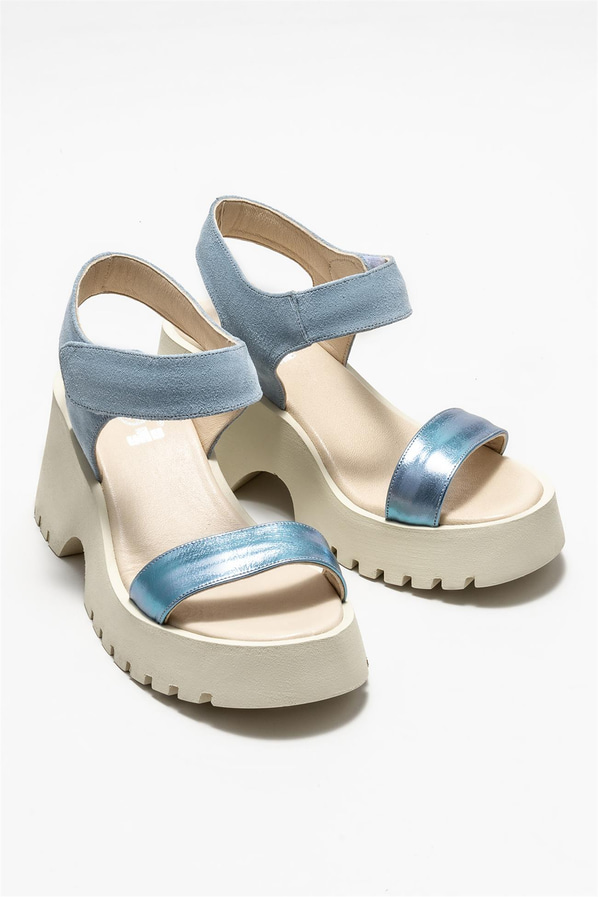 Mavi deri dolgu topuklu kadın sandalet - Elle Shoes