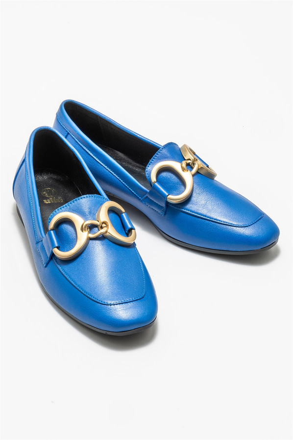Mavi deri kadın loafer, klasik stil için - Elle Shoes