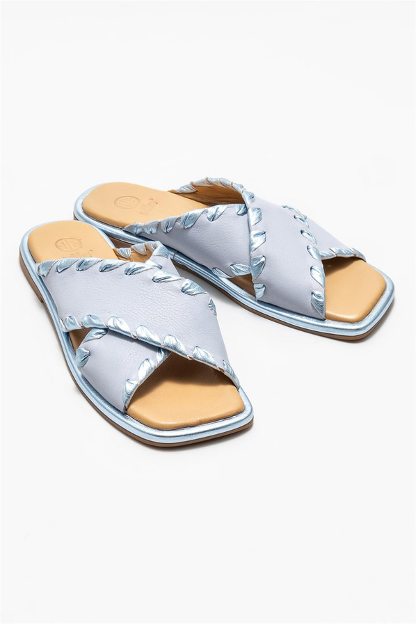 Mavi deri kadın düz terlik - Elle Shoes