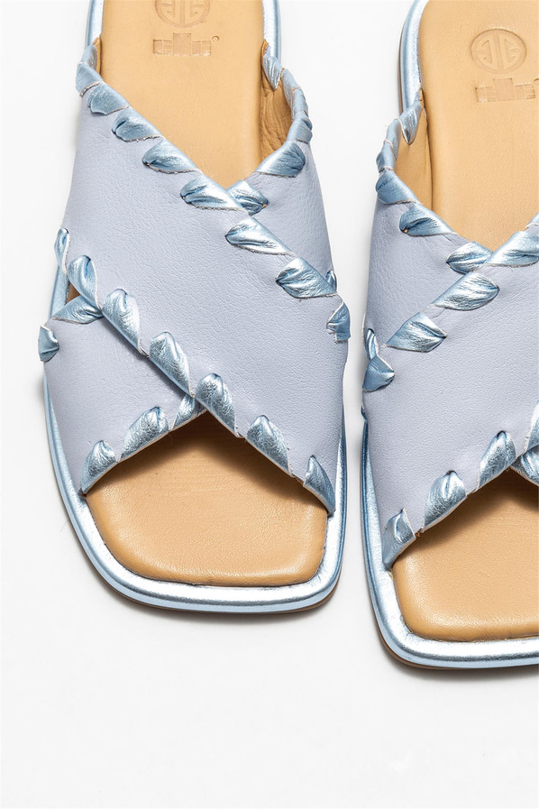 Mavi deri kadın düz terlik - Elle Shoes