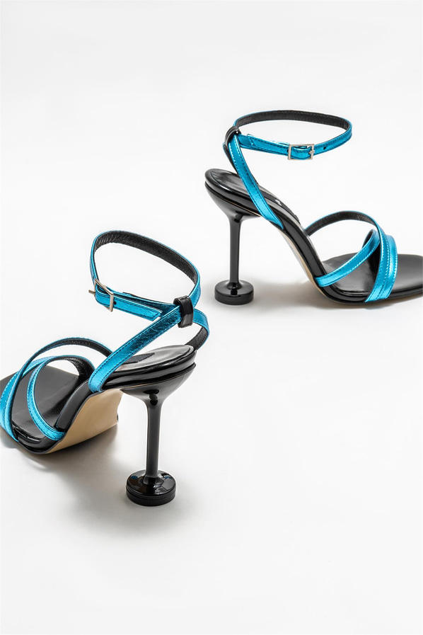 Mavi deri topuklu kadın sandalet - Elle Shoes
