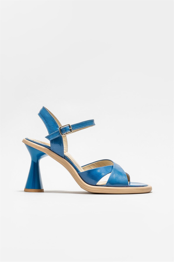 Mavi deri topuklu kadın sandalet - Elle Shoes