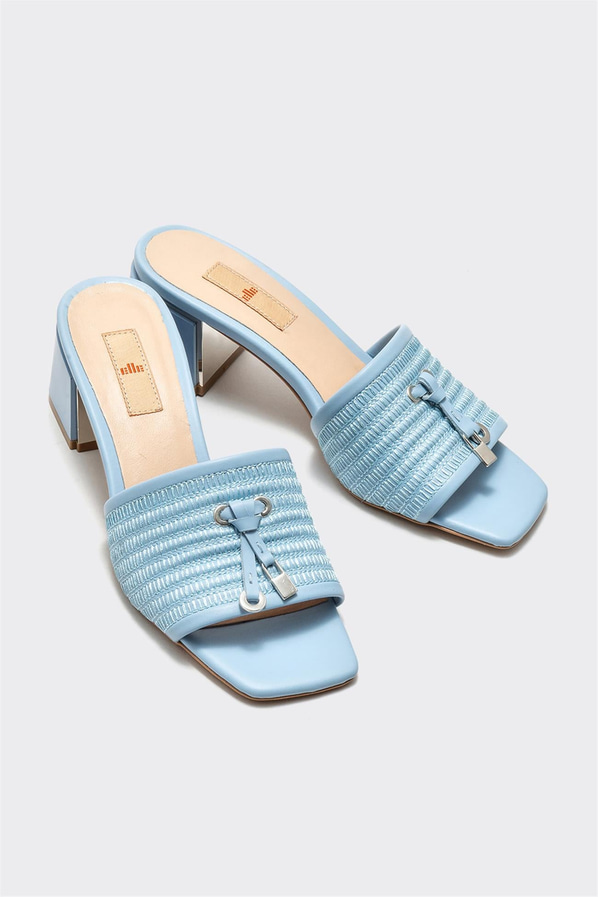 Mavi deri topuklu kadın terlik - Elle Shoes