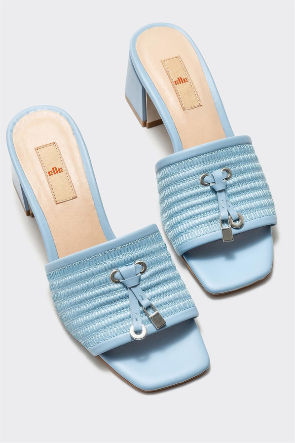 Mavi deri topuklu kadın terlik - Elle Shoes