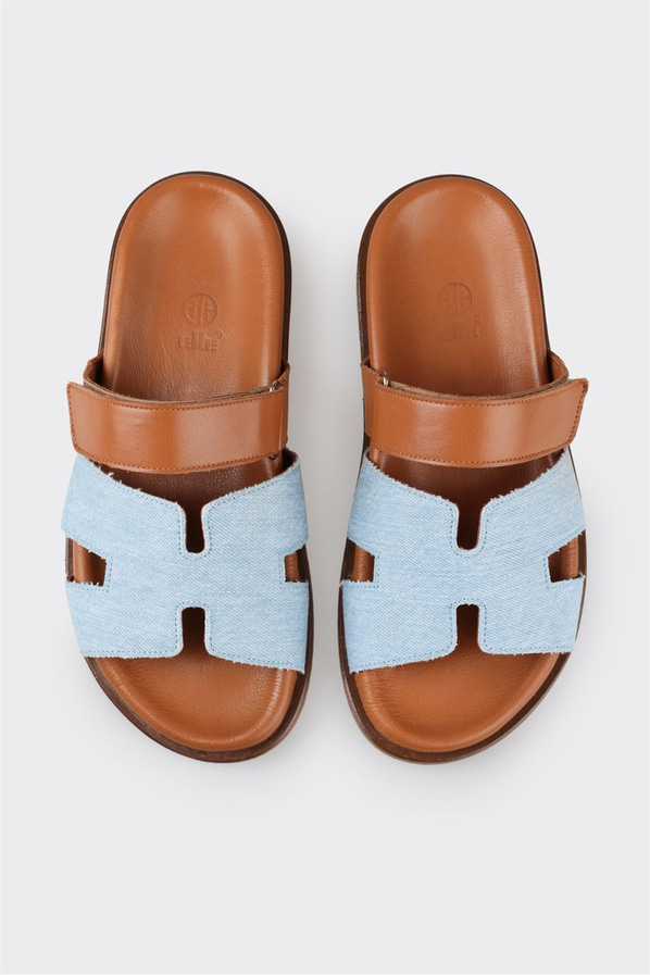 Mavi deri düz kadın terlik - Elle Shoes